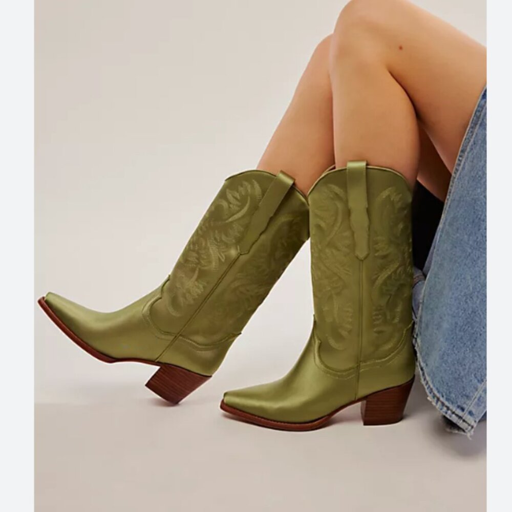 NEW Free People Jeffrey Campbell Dagget Western Boot Moss Green Satin 6